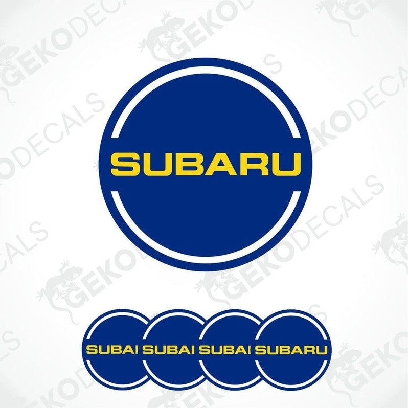 A set of four blue vinyl stickers with the word yellow 'SUBARU'