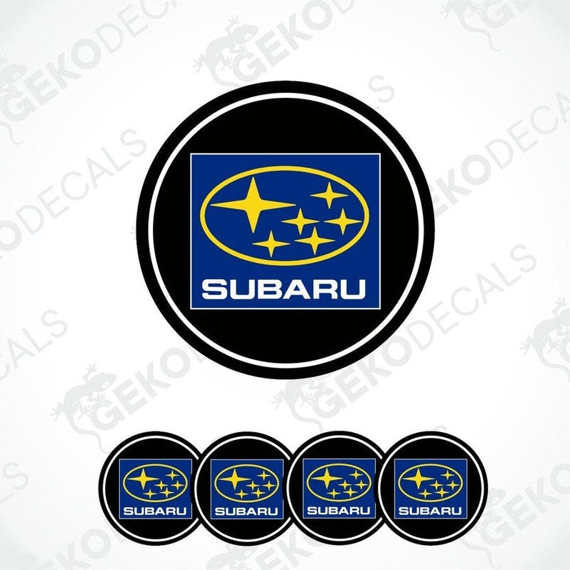 A set of Subaru branded vinyl decals with a polyurethane coating, presented in a circular arrangement showcasing the design.