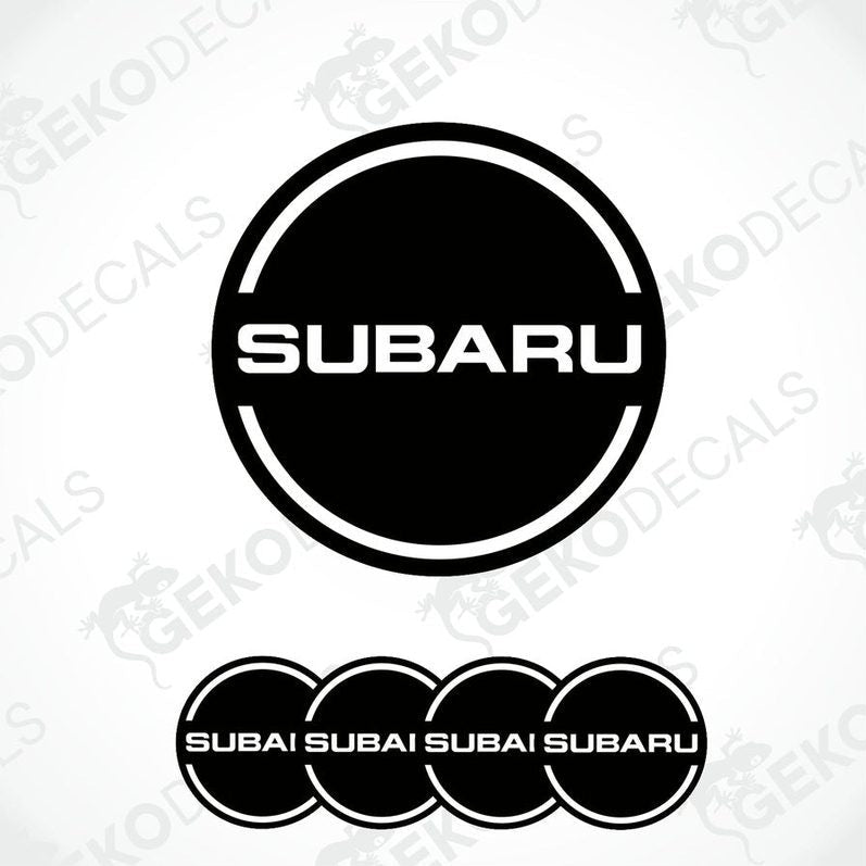 A set of four black vinyl stickers with the word 'SUBARU' and a logo depicting a wheel, placed against a white background with the Gecko Decals logo.