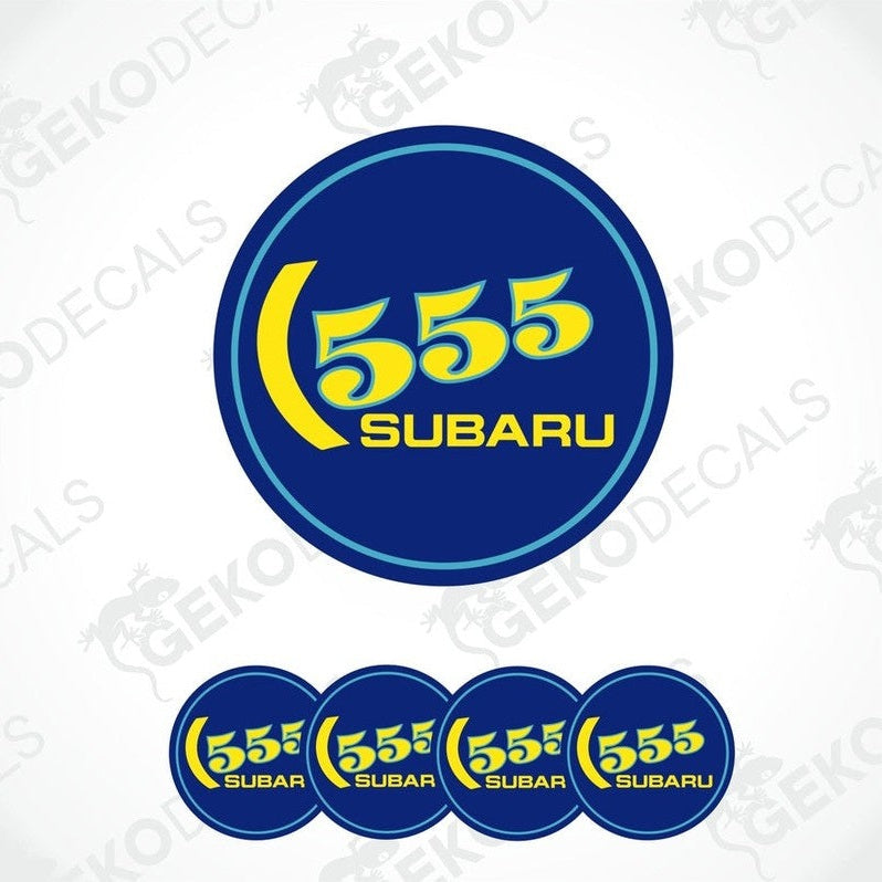 A set of four blue vinyl decals with the number 555 and the Subaru brand logo in yellow.