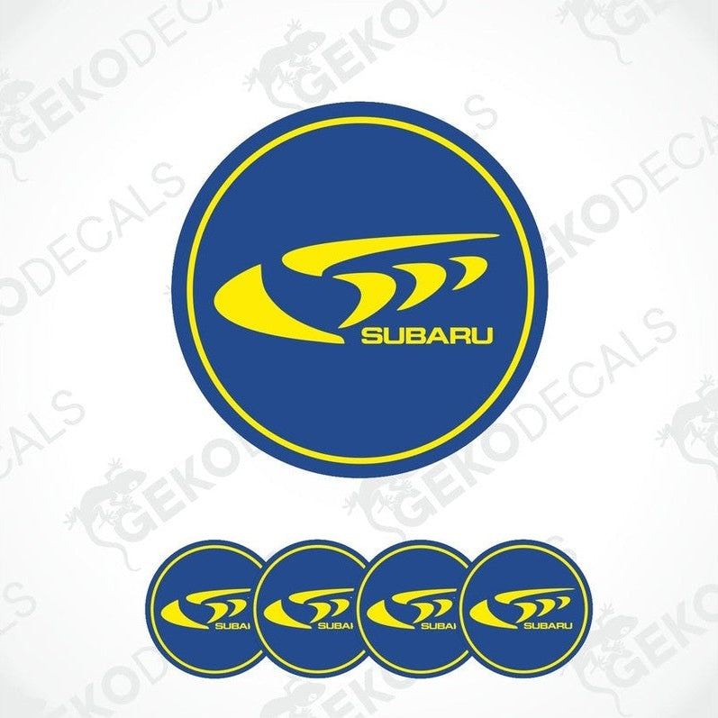 A set of Subaru branded vinyl decals with a blue background and yellow Subaru logo.