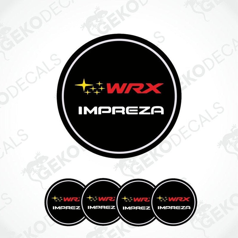 A set of four black, red, and yellow vinyl decals with the text 'SUBARU WRX' and 'IMPREZA', designed for vehicle wheels or caps.
