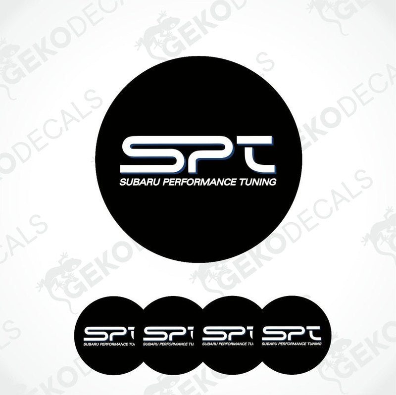 A set of black round car decals with the text 'SPT SUBARU PERFORMANCE TUNING' in white.