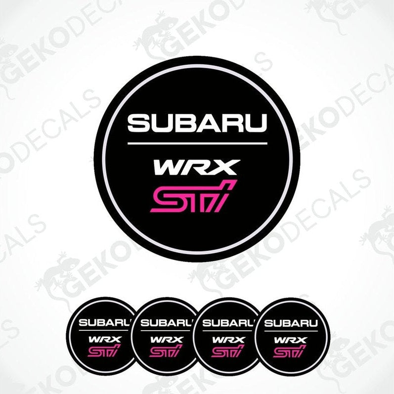 A set of four vinyl decals for a Subaru WRX STI vehicle, featuring the car brand and model name in pink on a black background.
