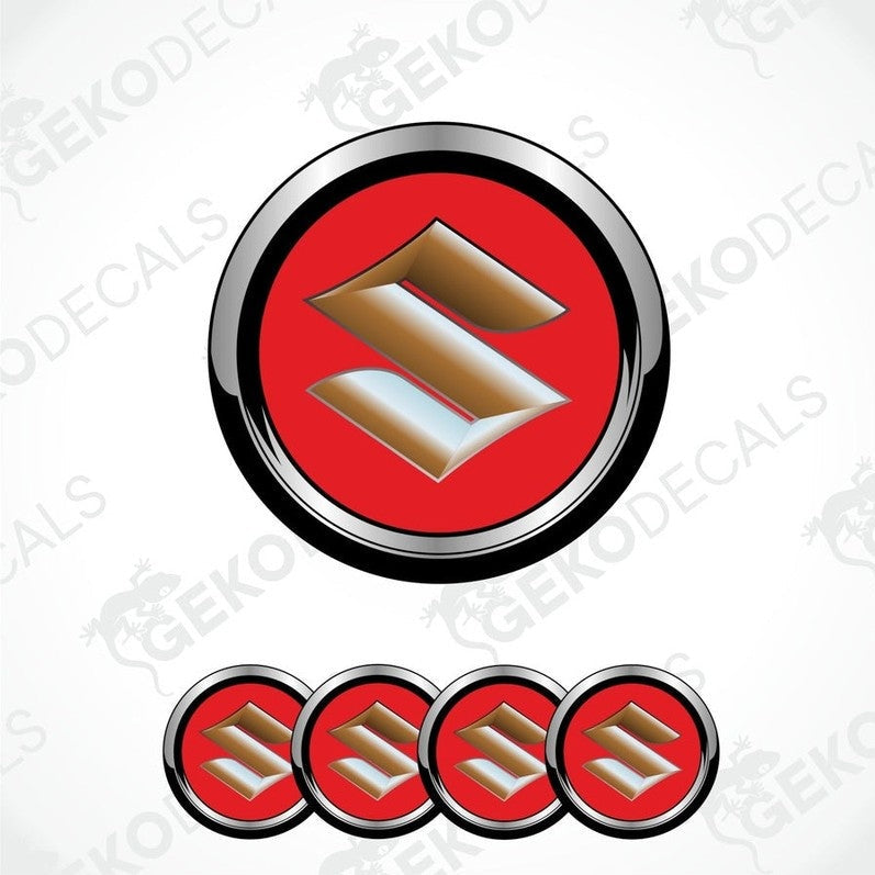 A set of four red and silver SUZUKI branded vinyl stickers with a dome shape and a polyurethane coating.