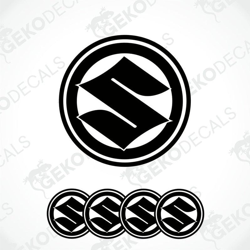 A set of four black and white vinyl stickers with the SUZUKI brand logo.