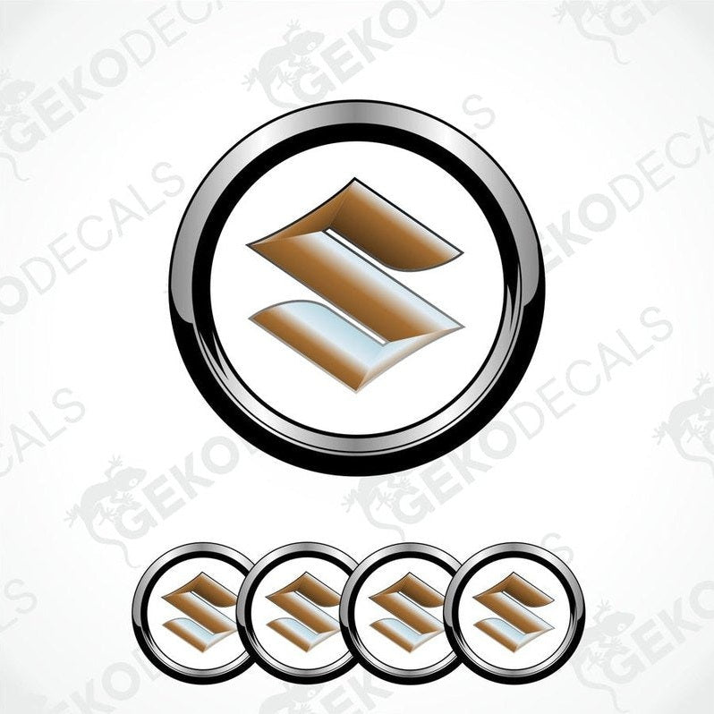 A set of four silver-colored vinyl stickers with a dome shape and the Suzuki logo in the center.