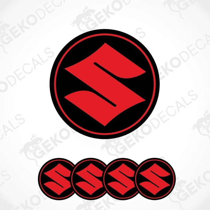 A set of four red and black SUZUKI branded vinyl decals with a polyurethane coating.