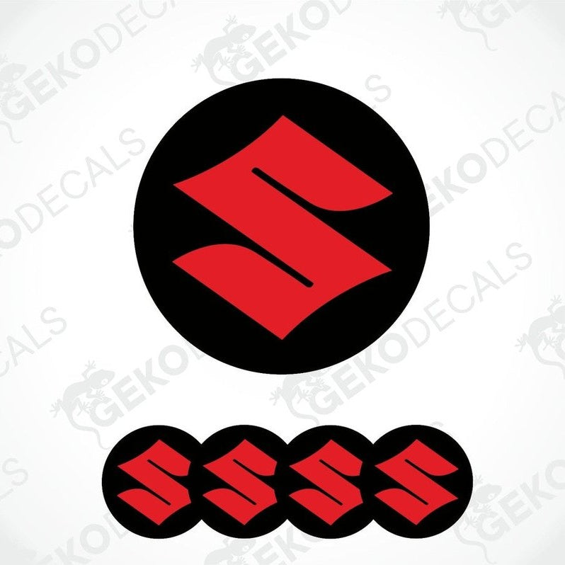 A set of four round vehicle decals featuring the SUZUKI logo in red on a black background.
