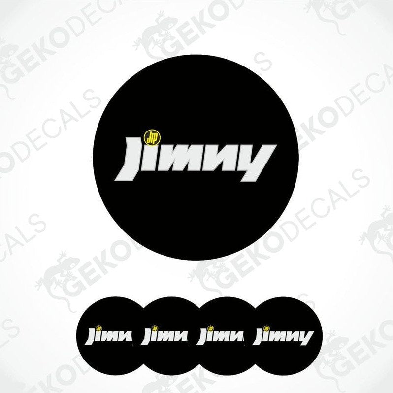 A set of four black vinyl stickers with the word 'JIMNY' printed in white.