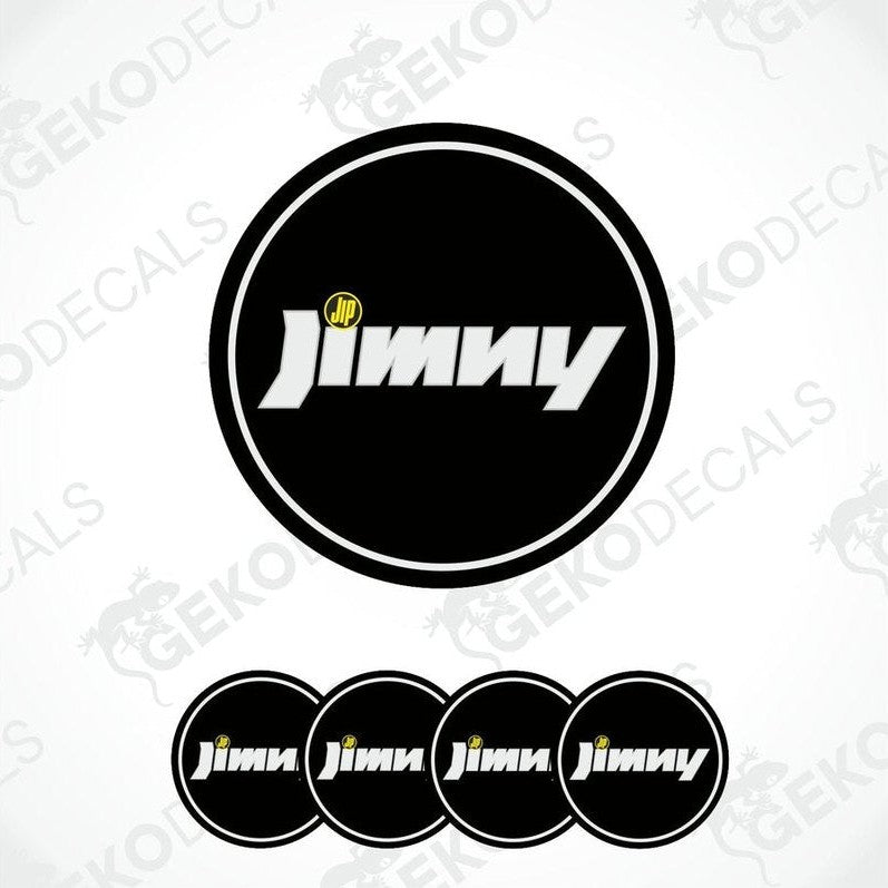 A set of four black vinyl stickers with the word 'JIMNY' printed in white.