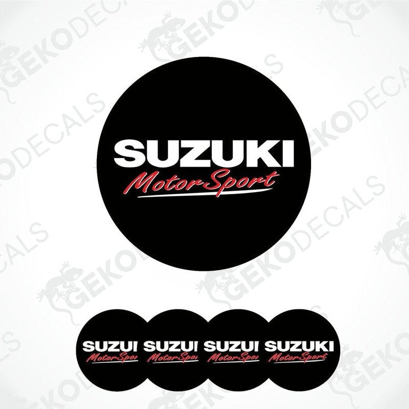 A set of four vinyl decals with polyurethane coating, featuring the 'Suzuki MotorSport' logo in black, white, and red colors.