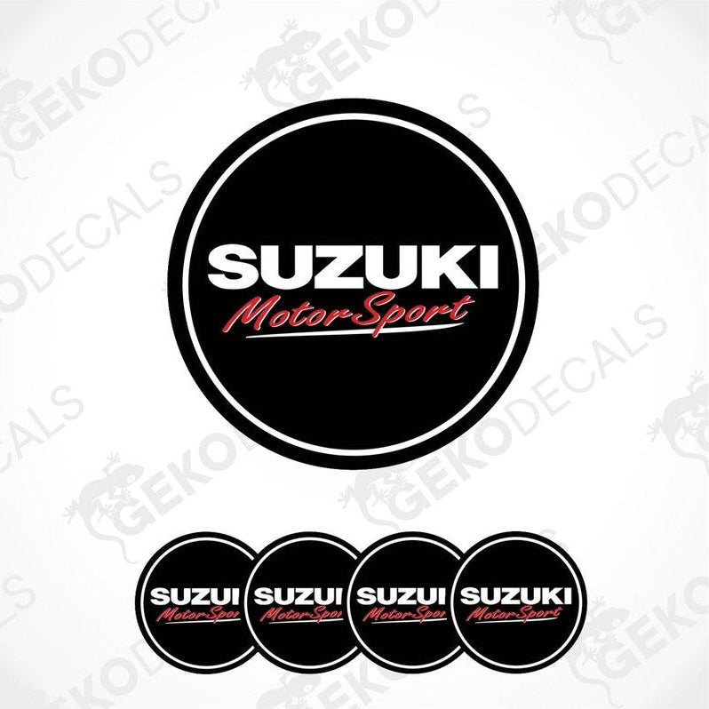 A set of four black vinyl stickers with the text 'SUZUKI MOTORSPORT' in red and white.