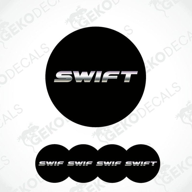 A set of four black vinyl stickers with the word 'SWIFT' printed on them, designed for use as car decals.