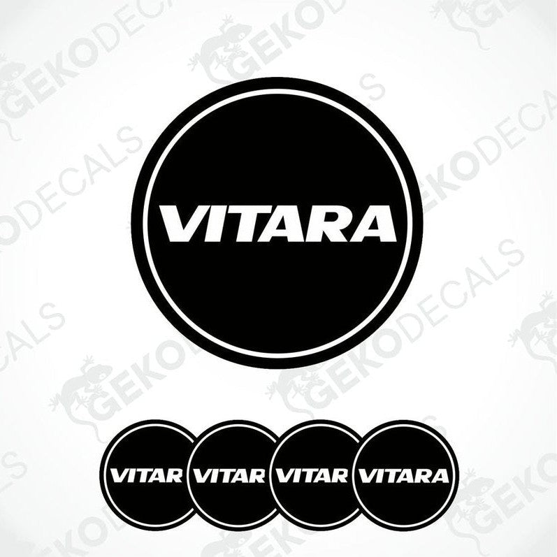 Set of four black vinyl decals with the text 'VITARA' on them, presented against a white background.
