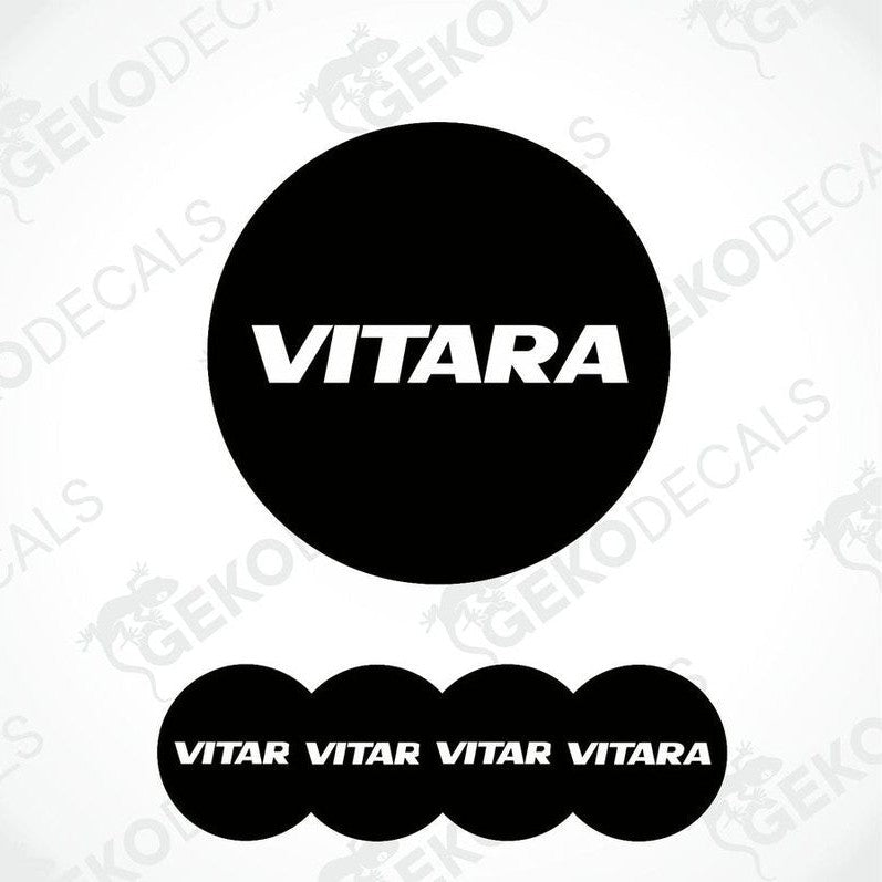 Set of four black vinyl decals with the text 'VITARA' on them, presented against a white background.