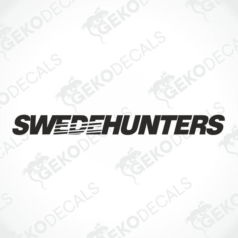 White car windshield sticker with cut-out text SWEDEHUNTERS