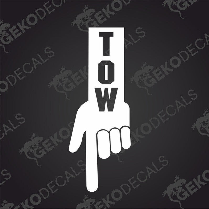 A white decal sticker in the shape of a hand pointing down with the text 'TOW' on it.