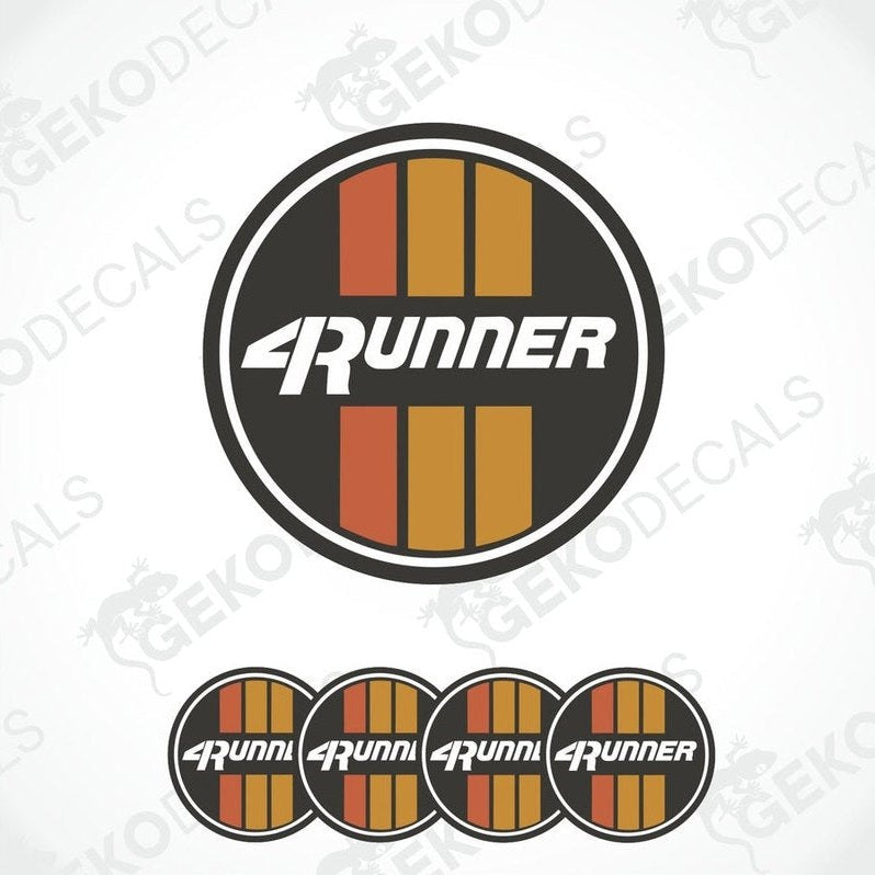 A set of four round car decals with the text '4Runner' and a striped logo in black, red, and yellow.