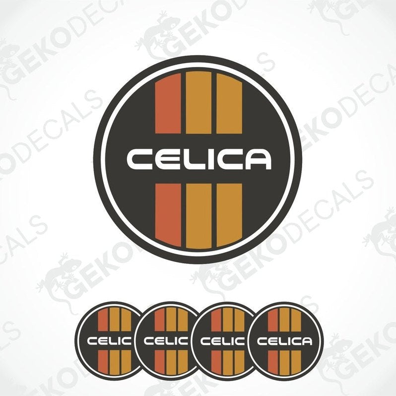 A set of round car decals with the text 'CELICA' on them, featuring a black background with orange and red stripes.