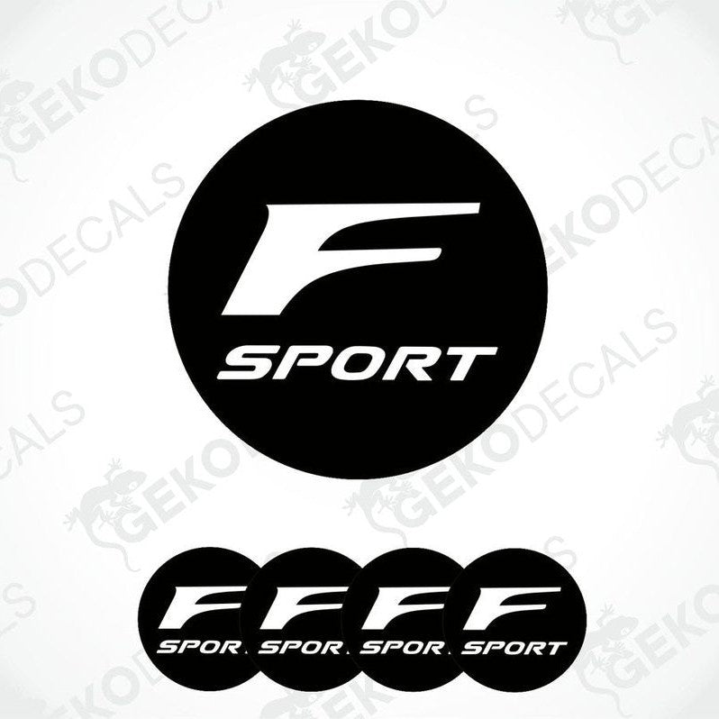 A set of four black vinyl stickers with the TOYOTA F SPORT logo printed on them.