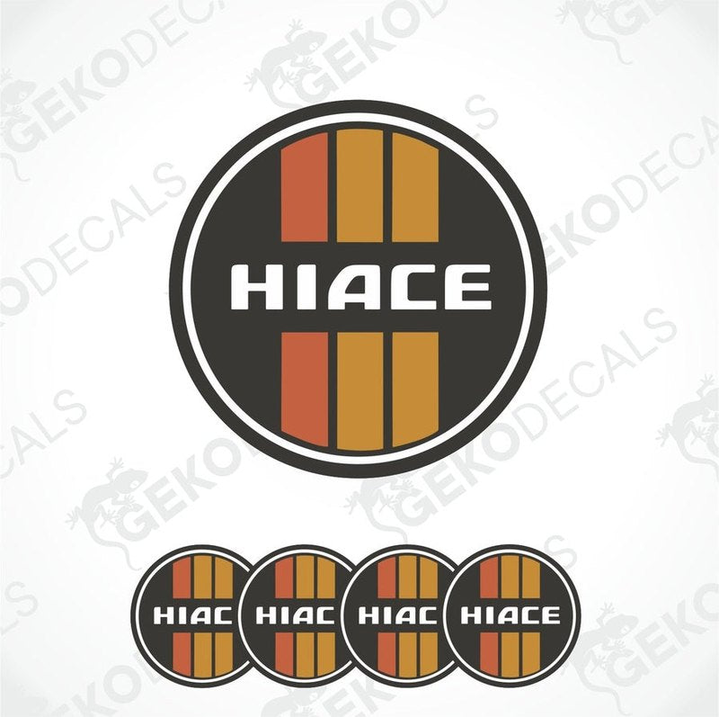 A set of four black, orange, and gray vinyl stickers with the word 'HIACE' printed on them.