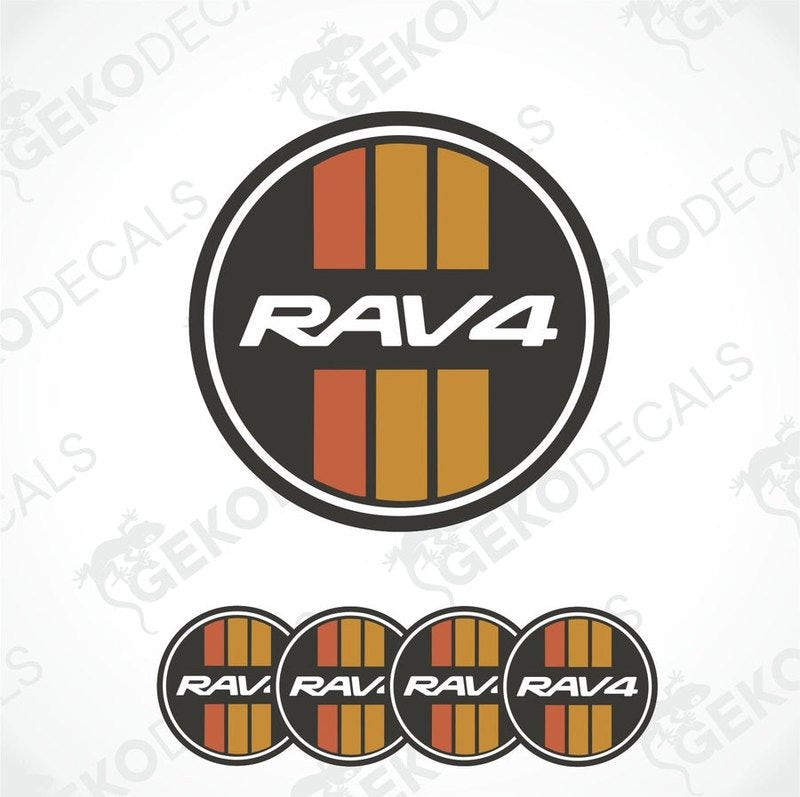 A set of round car decals with the text 'TOYOTA RAV 4' on them, displayed in a vertical arrangement.