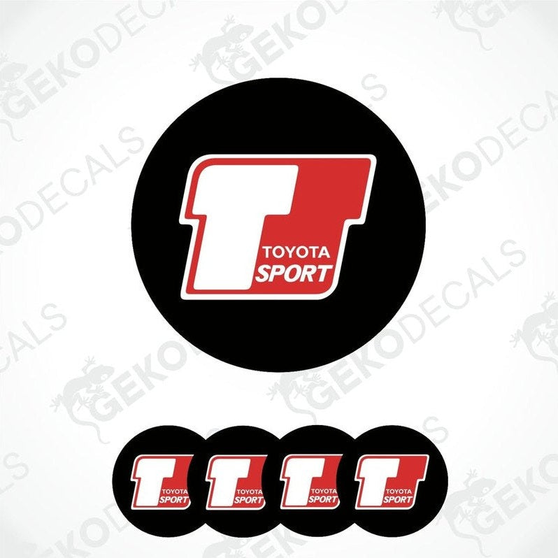 A set of four vinyl decals with polyurethane coating featuring the 'TOYOTA SPORT' logo in red and white on a black background.