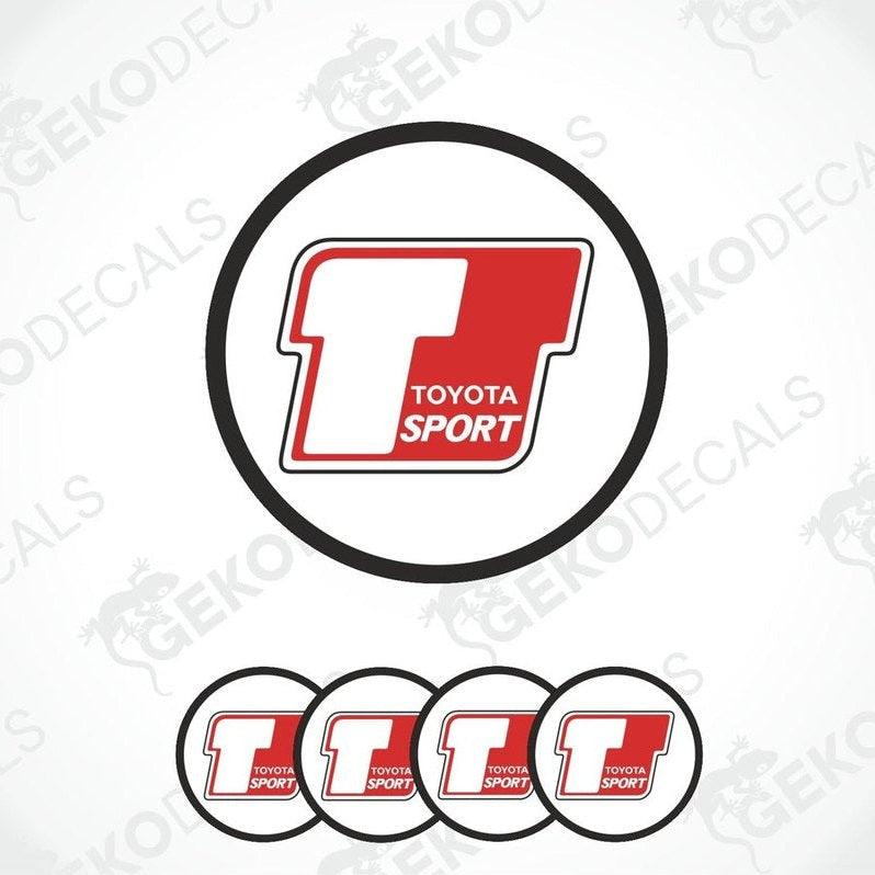 A set of vinyl decals with 'TOYOTA SPORT' text on them, presented in a circular arrangement, predominantly red and white in color.