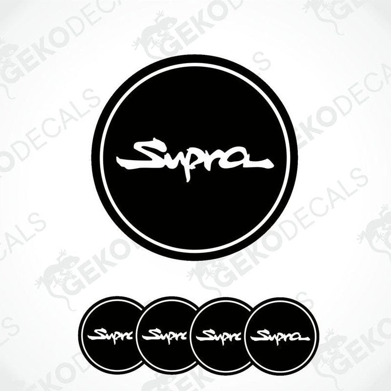 A set of four black vinyl stickers with the word 'TOYOTA SUPRA' written on them, designed for use as car decals.