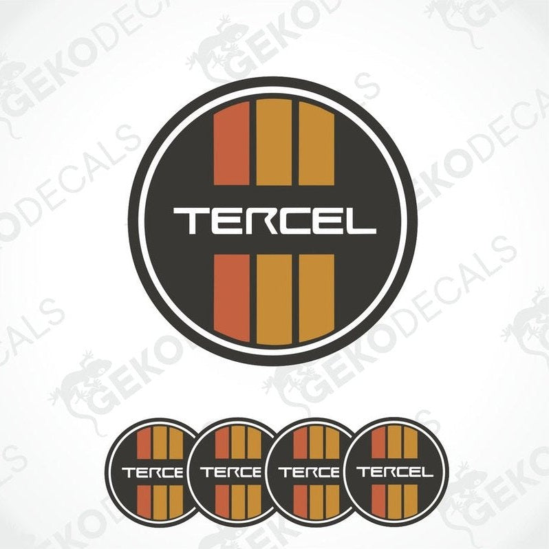 A set of four round black vinyl stickers with the word 'TERCEL' and the Toyota logo in the center.