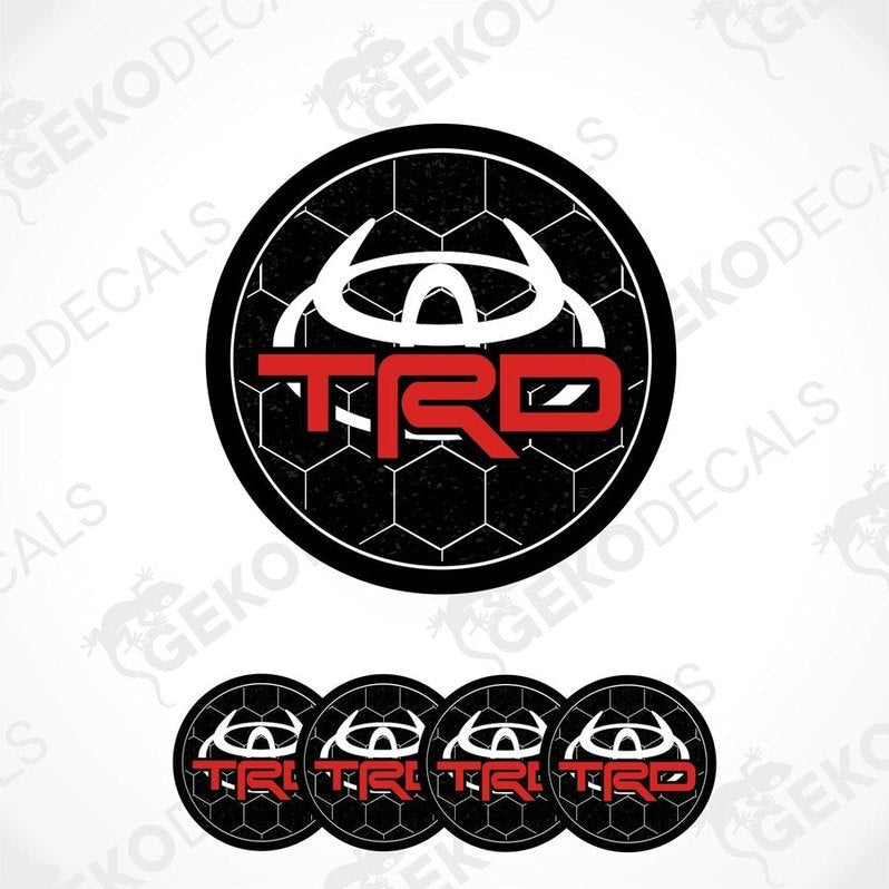 A set of four black, red, and white vinyl decals with the TOYOTA TRD logo.