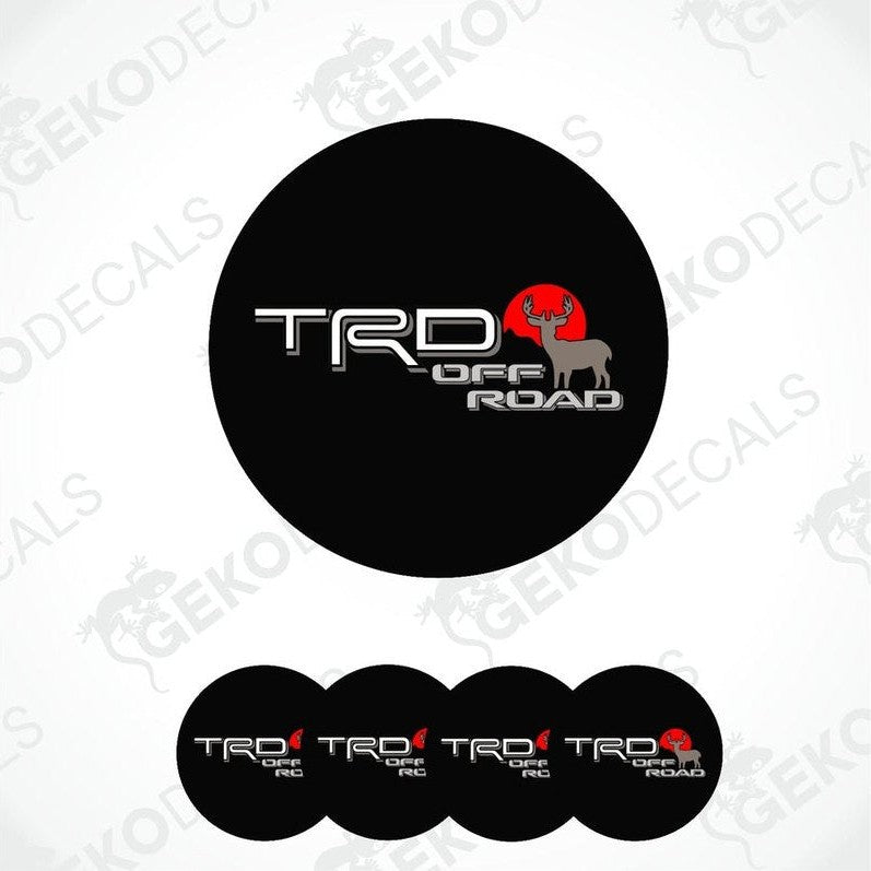 A set of four black vinyl stickers with the text 'TRD OFF ROAD' and a graphic of a bull's head design, arranged in a dome shape.