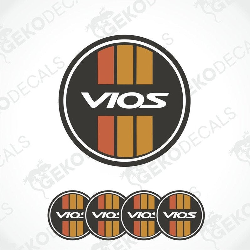 A set of four circular car decals with the text 'VIOS' and a striped pattern in black, red, and gray.