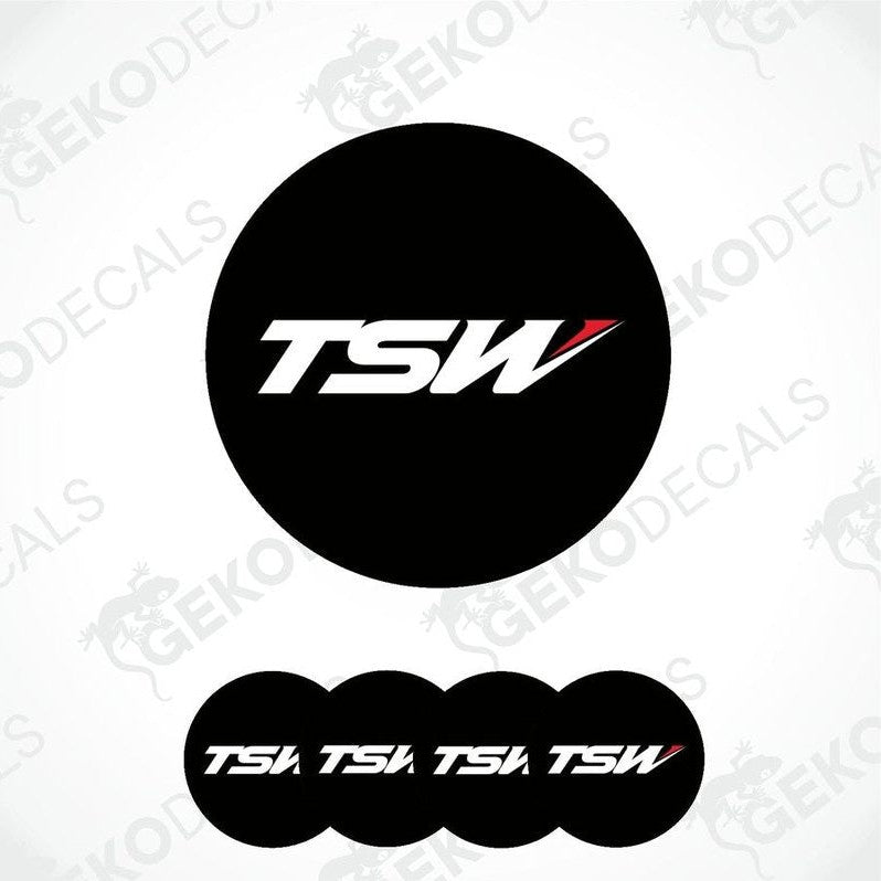 A set of four black vinyl decals with the logo 'TSW' in white letters.