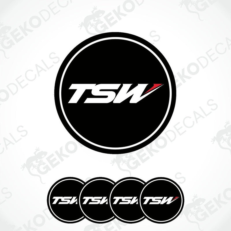 A set of four black vinyl stickers with the TSW logo, designed for use as car decals.