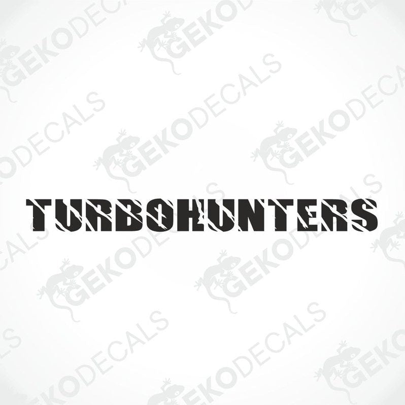 Black car windshield sticker with cut-out text TURBOHUNTERS