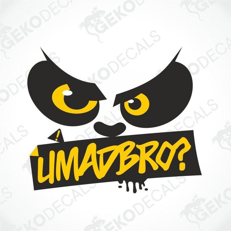 UMADBRO angry face car decal with yellow eyes and black banner on white background