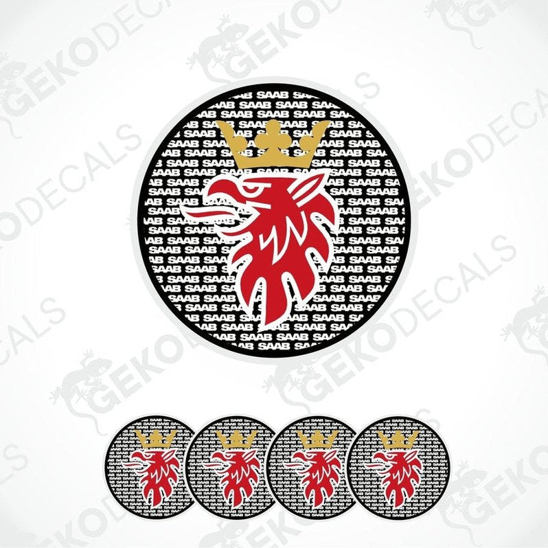 A set of four round vinyl stickers with a geometric pattern and a red-brown Saab emblem.