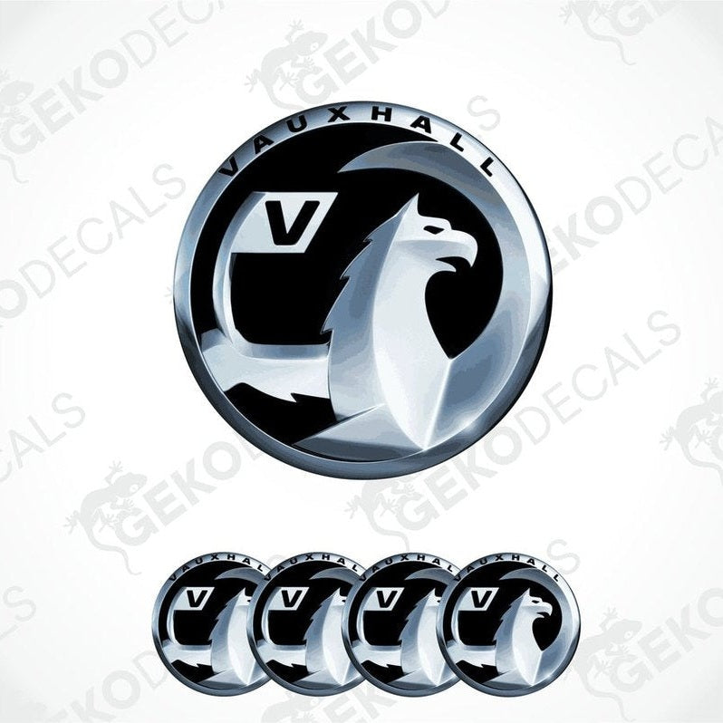 A set of four silver-colored Vauxhall brand vinyl stickers with a polyurethane coating, displayed on a white background.