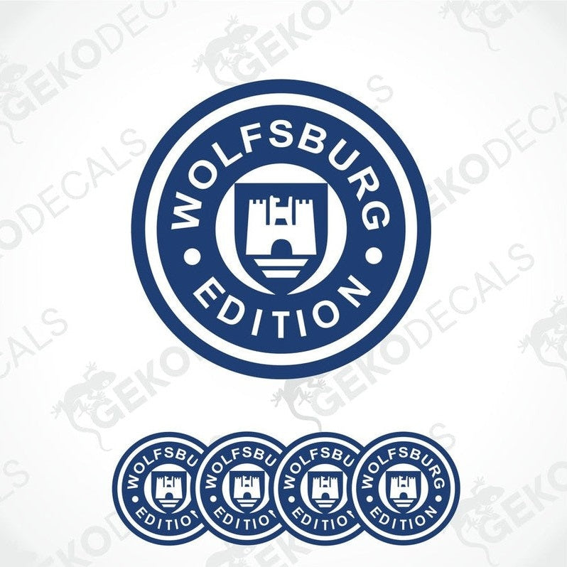 A set of four blue and white vinyl stickers with 'VOLKSWAGEN' and 'Edition' text, and a castle-like design.