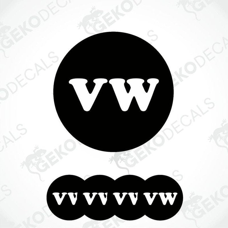 A set of four black vinyl stickers with the word 'VW' in white, indicating a Volkswagen brand theme.