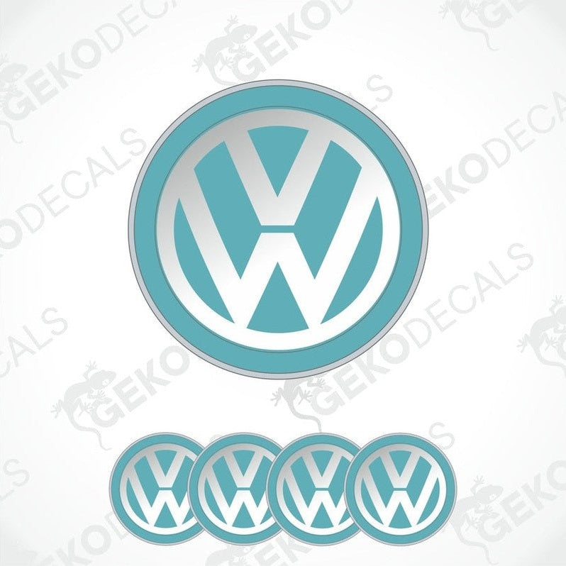 A set of four blue and white dome-shaped vinyl decals with the Volkswagen logo.