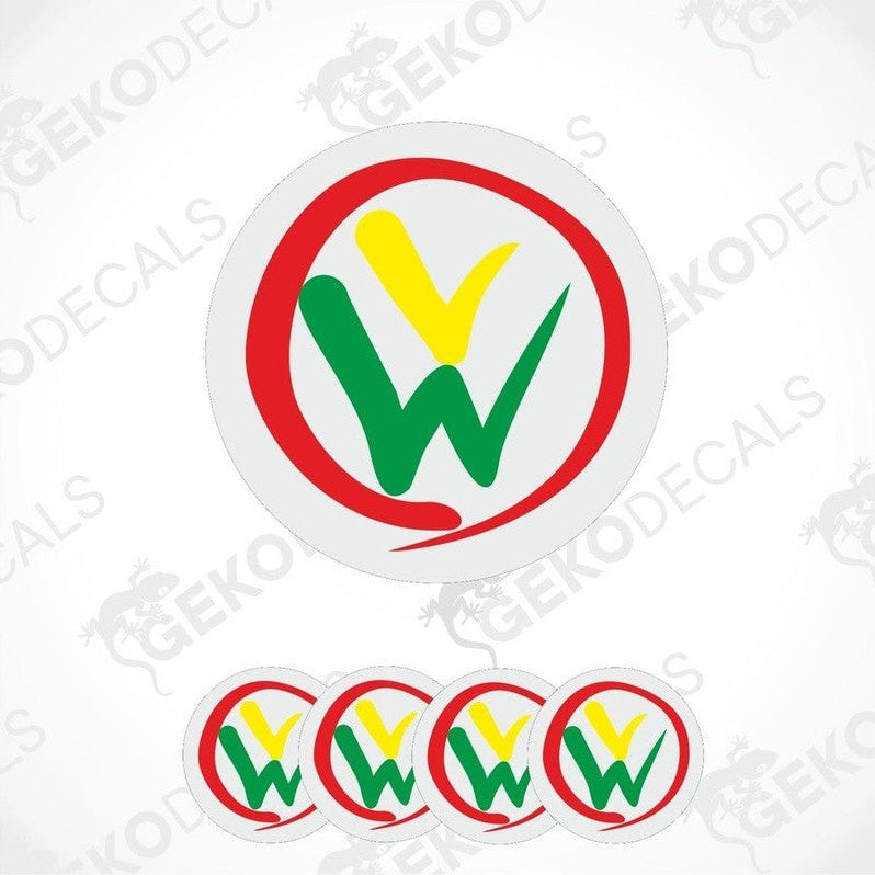 A set of four red, green, and white vinyl stickers with a polyurethane coating, including the VOLKSWAGEN brand logo.