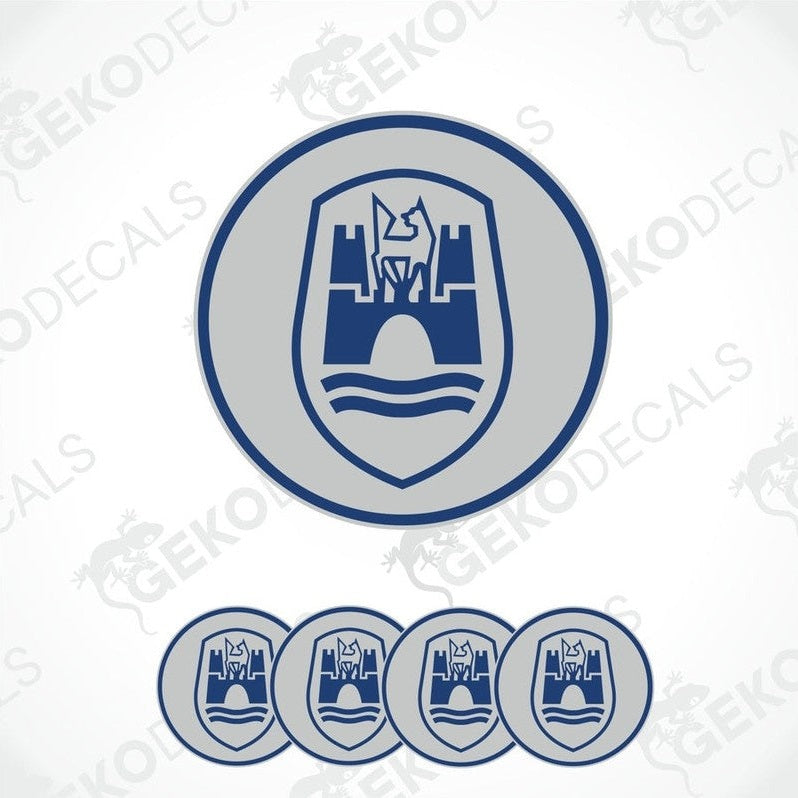 A set of four blue and white vinyl stickers with a castle-like design and the brand name 'VOLKSWAGEN' on them.