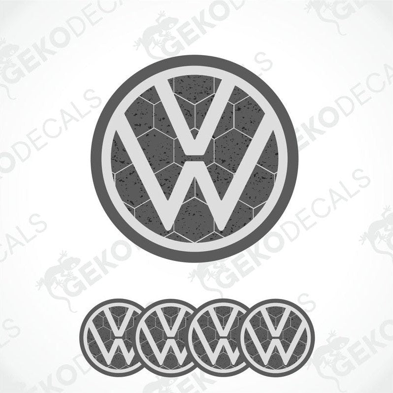A set of four grey and white volkswagen emblem stickers with a dome shape and a polyurethane coating.
