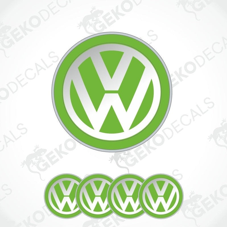 A set of four green vinyl stickers with a dome shape, featuring the Volkswagen logo.