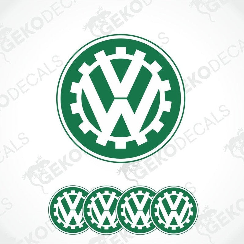 A set of four green vinyl stickers with the VOLKSWAGEN logo, including a hood ornament and three smaller decals.