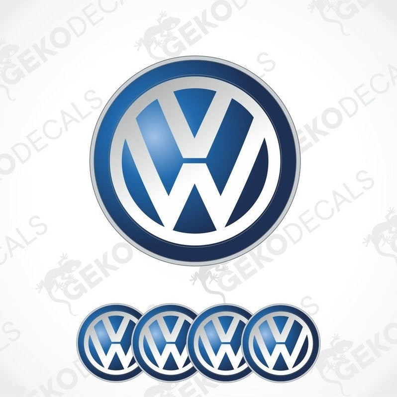 A set of four blue and white vinyl decals with the Volkswagen logo.