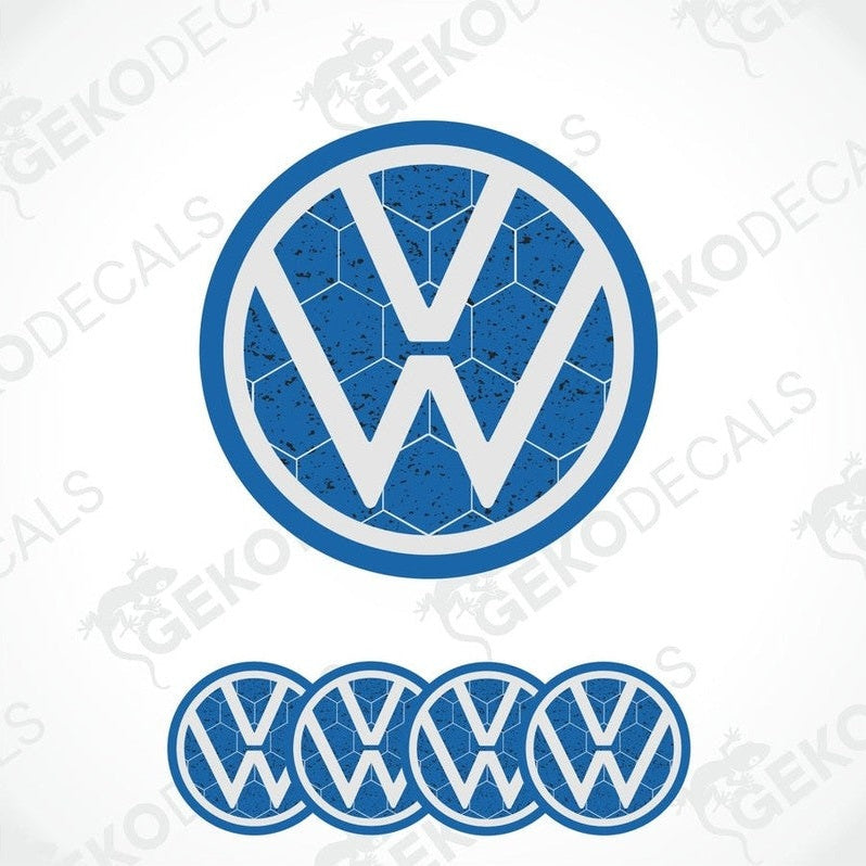 A set of four blue vinyl stickers with a geometric pattern forming the VOLKSWAGEN emblem.